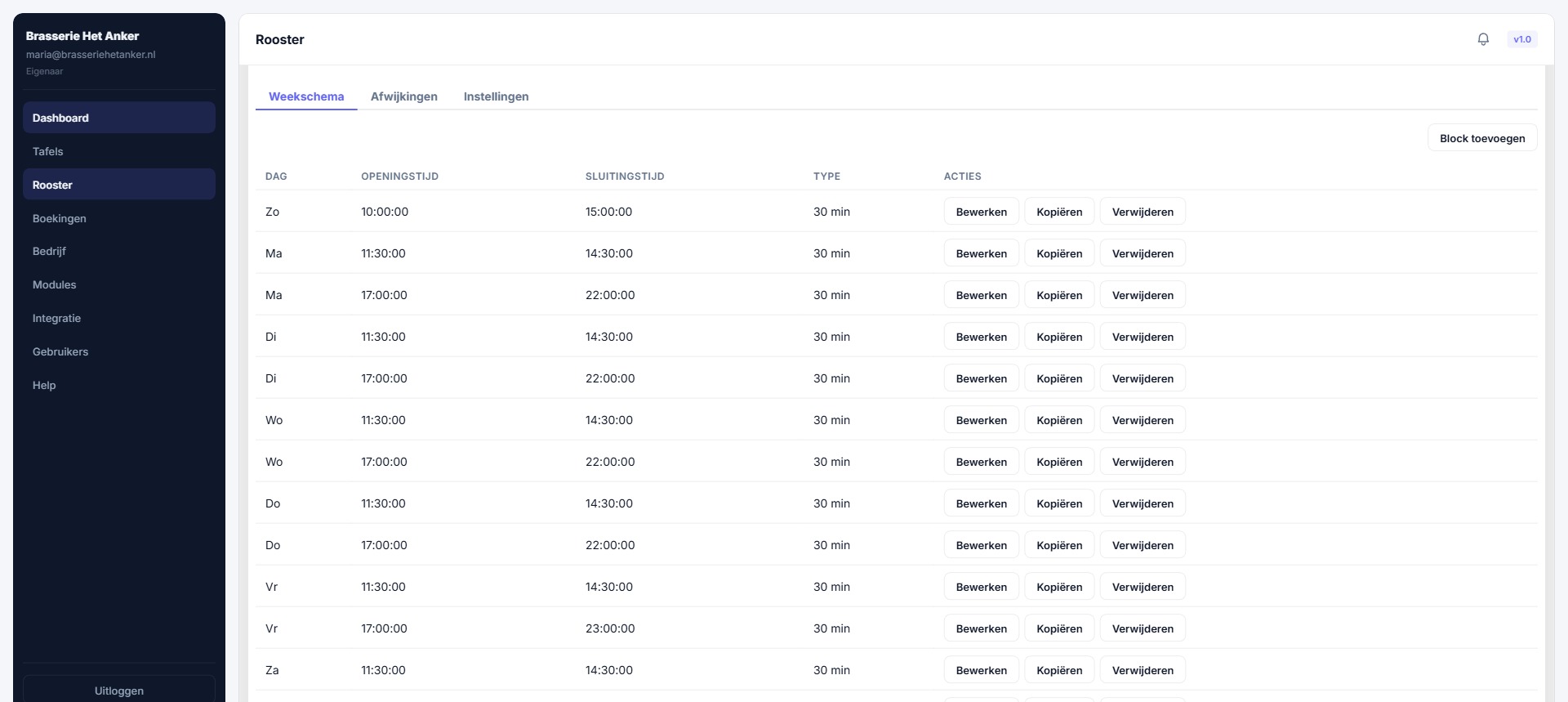Horeca: tafels, weekrooster en reserveringen