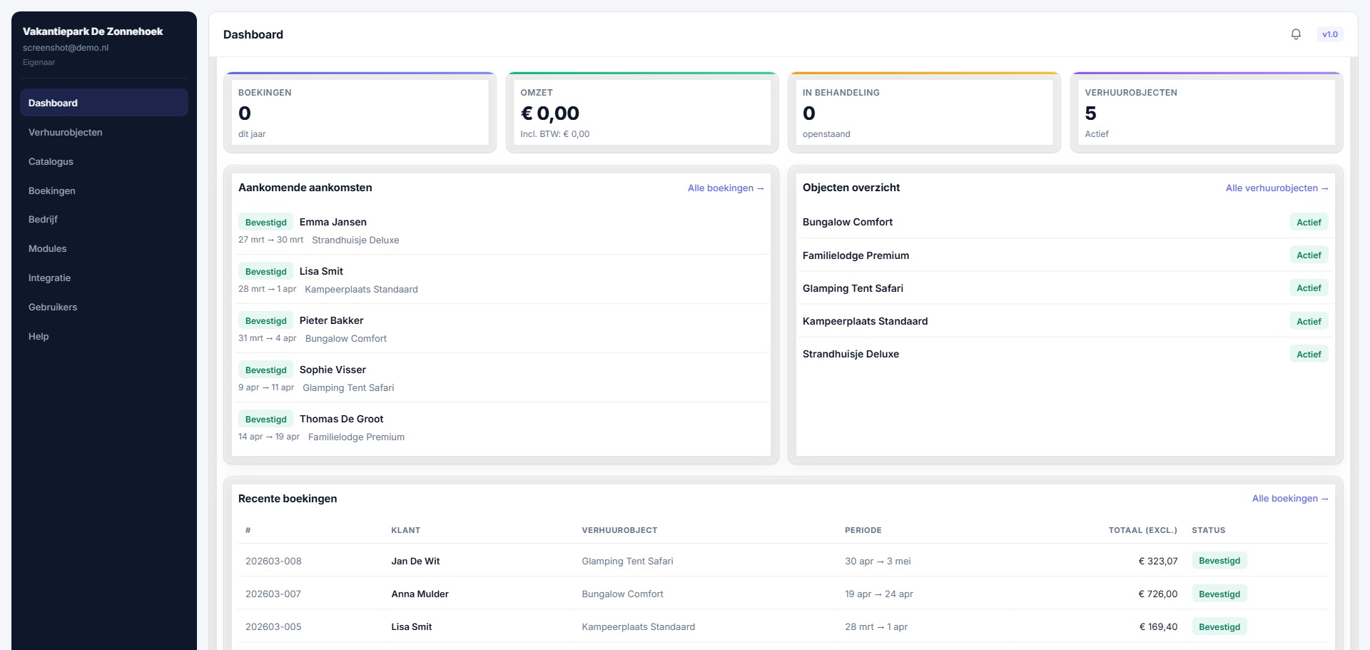Dashboard, planning en boekingsoverzicht