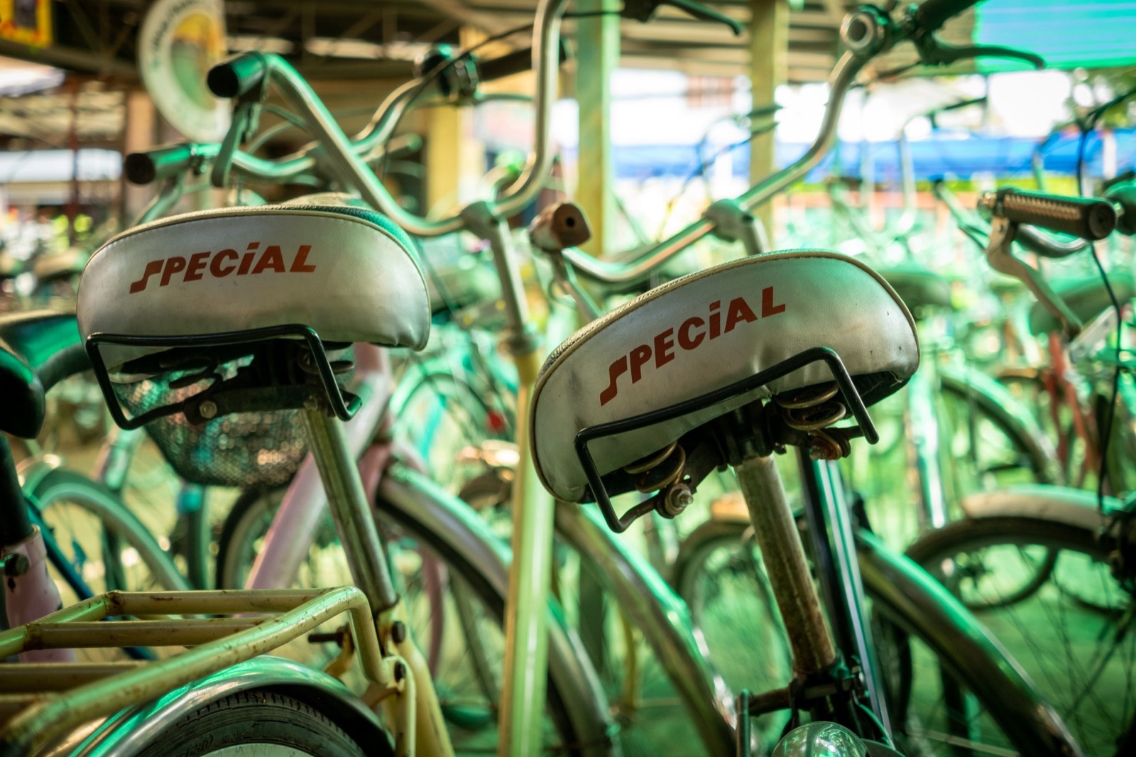 Rij huurfietsen met zadels op de voorgrond
